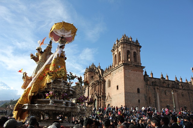 Procession in front of the Cathedral in Cusco